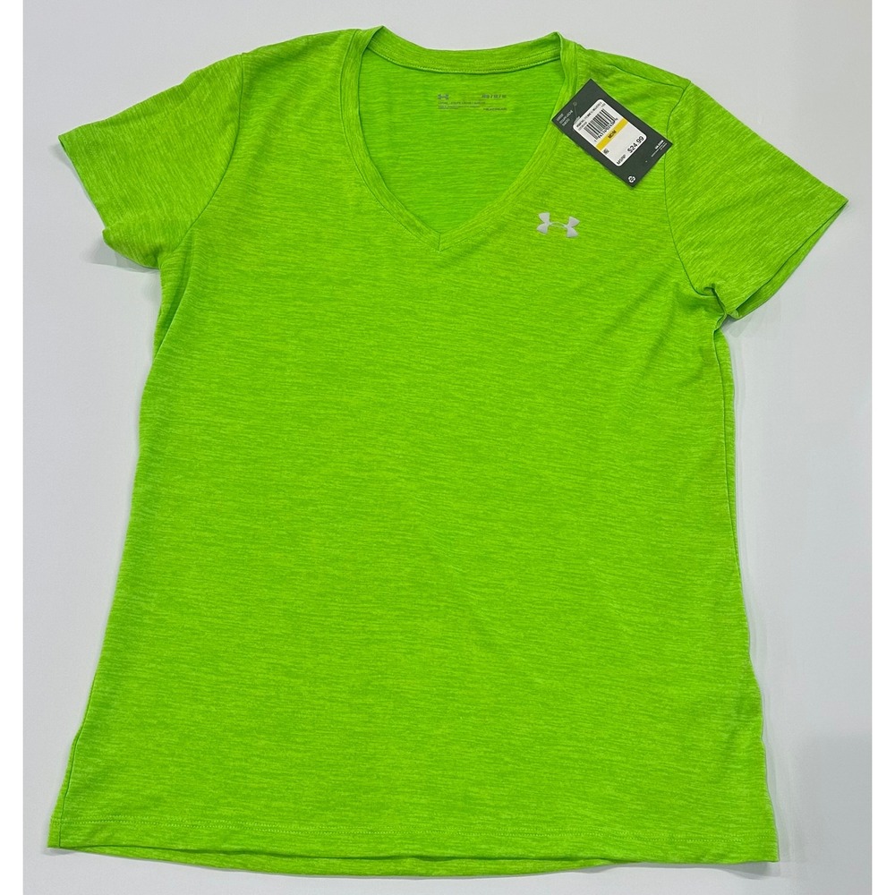 Under Armour Womens HeatGear V-Neck T-Shirt Lime Green Heather 1258568 Medium